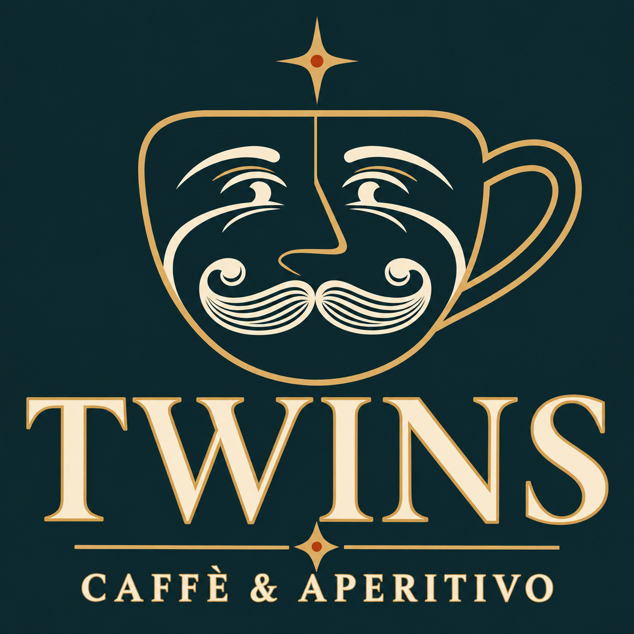 TWINS-এর লোগো: মুখ ও গোঁফসহ নীল-সোনালি কাপ